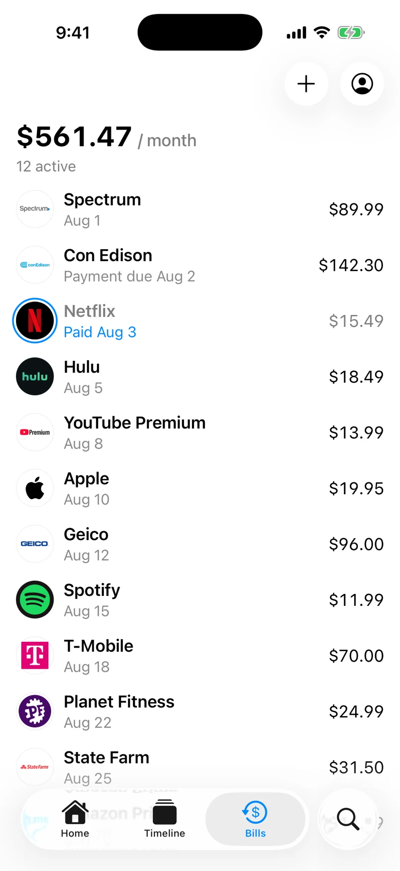 Forseera Bills screen: $561.47 a month across 12 active bills.