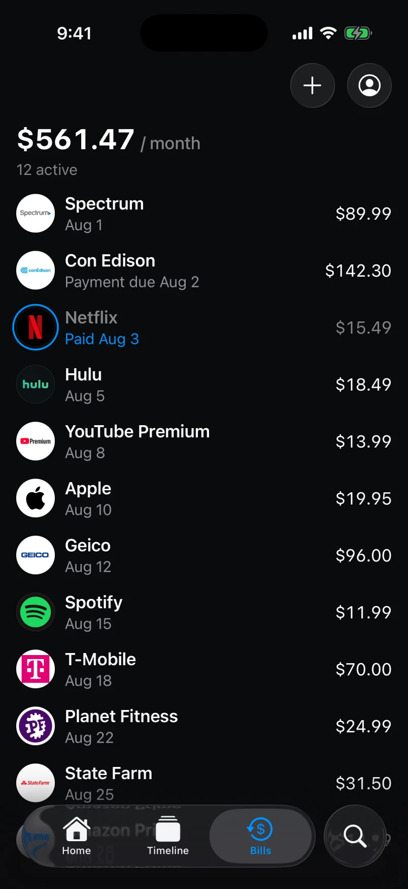 Forseera Bills screen in dark mode.