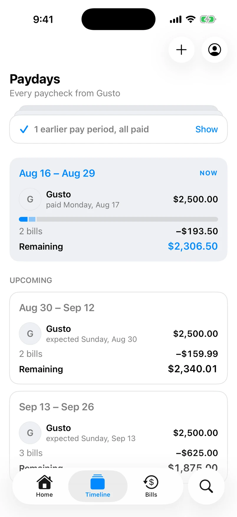 Forseera Timeline screen: pay periods with their bills and what remains.