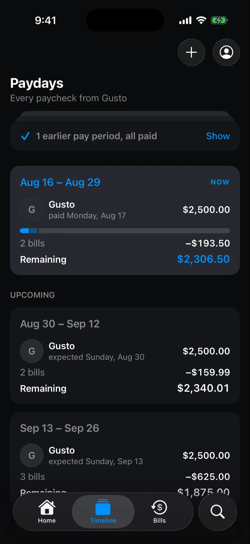 Forseera Timeline screen in dark mode.